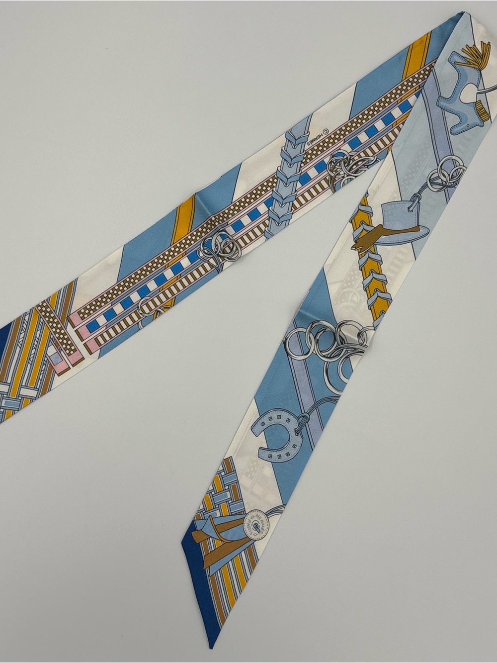 Hermes Panoplie Equestre Twilly Silk Scarf Blue Yellow White Equestrian Print - Picture 1 of 6